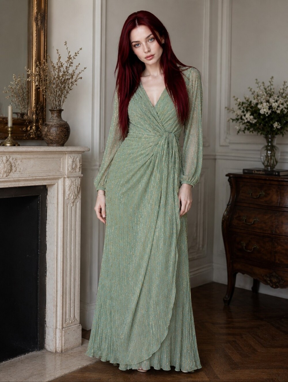 Adrianna Papell Green Slate Metallic Crinkle Mesh Gown 14W NWT Formal Fairycore